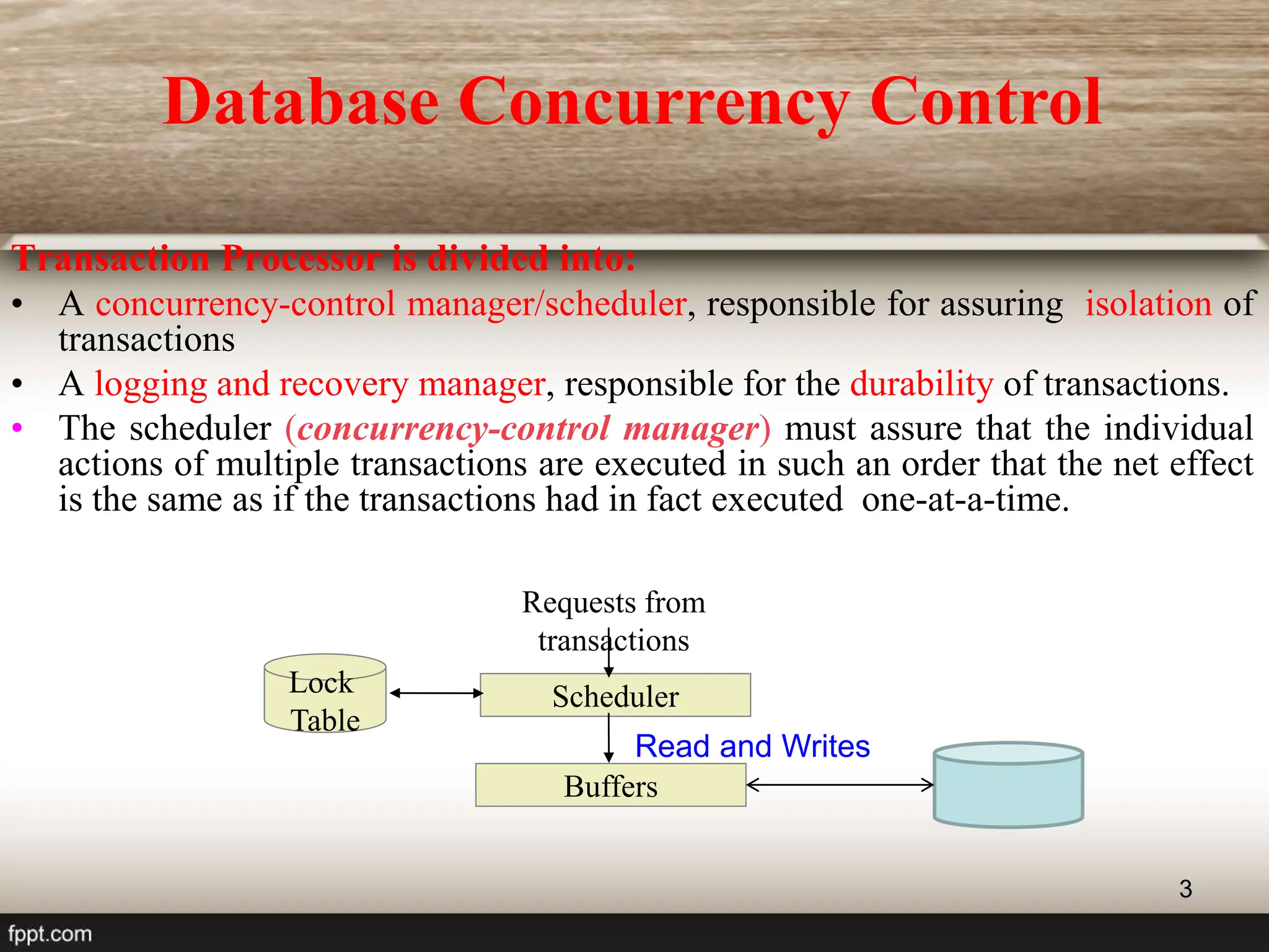 3
Lock
Table
Scheduler
Read and Writes
Requests from
transactions
Buffers
Database Concurrency Control
Transaction Processor is divided into:
• A concurrency-control manager/scheduler, responsible for assuring isolation of
transactions
• A logging and recovery manager, responsible for the durability of transactions.
• The scheduler (concurrency-control manager) must assure that the individual
actions of multiple transactions are executed in such an order that the net effect
is the same as if the transactions had in fact executed one-at-a-time.
 