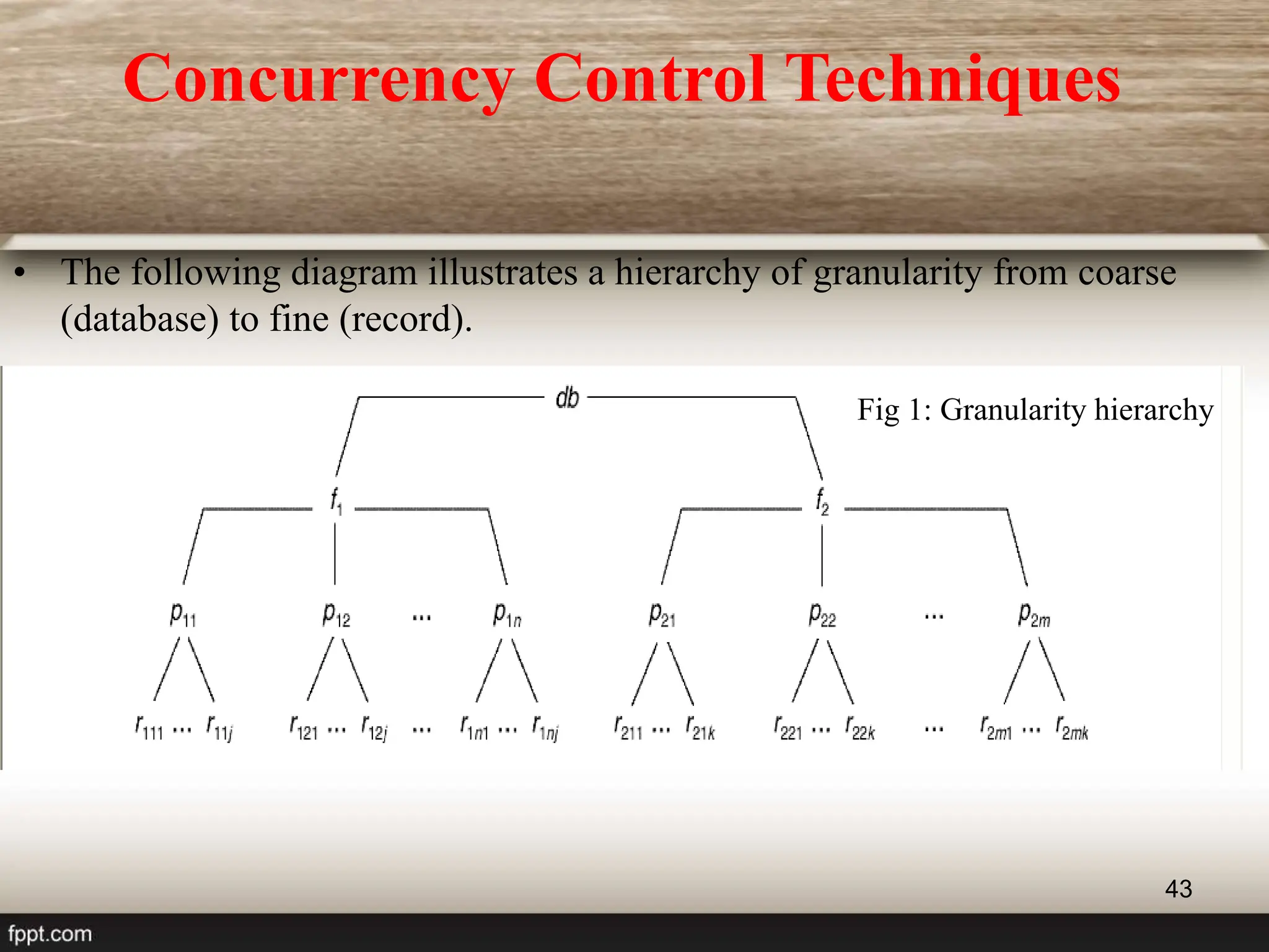 • The following diagram illustrates a hierarchy of granularity from coarse
(database) to fine (record).
43
Fig 1: Granularity hierarchy
Concurrency Control Techniques
 