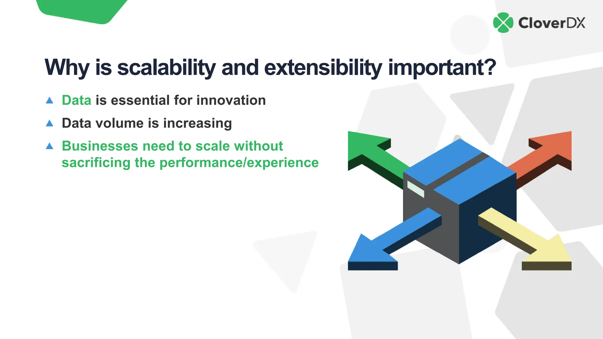 Data is essential for innovation
Data volume is increasing
Businesses need to scale without
sacrificing the performance/experience
Why is scalability and extensibility important?
 