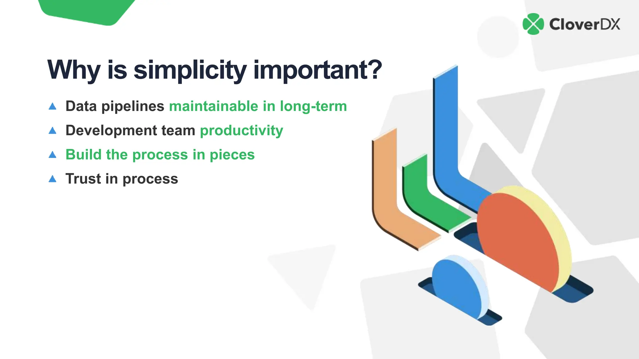Data pipelines maintainable in long-term
Development team productivity
Build the process in pieces
Trust in process
Why is simplicity important?
 