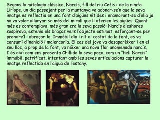 Segons la mitologia clàssica, Narcís, fill del riu Cefis i de la nimfa Liriope, un dia passejant per la muntanya va adonar-se’n que la seva imatge es reflectia en una font d’aigües nítides i enamorant-se d’ella ja no va voler allunyar-se més del mirall que li oferien les aigües. Quant més es contemplava, més gran era la seva passió: Narcís aleshores sospirava, estenia els braços vers l’objecte estimat, esforçant-se per prendre’l i abraçar-lo. Immòbil dia i nit al costat de la font, es va consumí d’inanició i malenconia. El cos del jove va desaparèixer i en el seu lloc, a prop de la font, va néixer una nova flor anomenada narcís. I és així com ens presenta Chillida la seva peça, com un “bell Narcis” immòbil, petrificat, intentant amb les seves articulacions capturar la imatge reflectida en l’aigua de l’estany.  