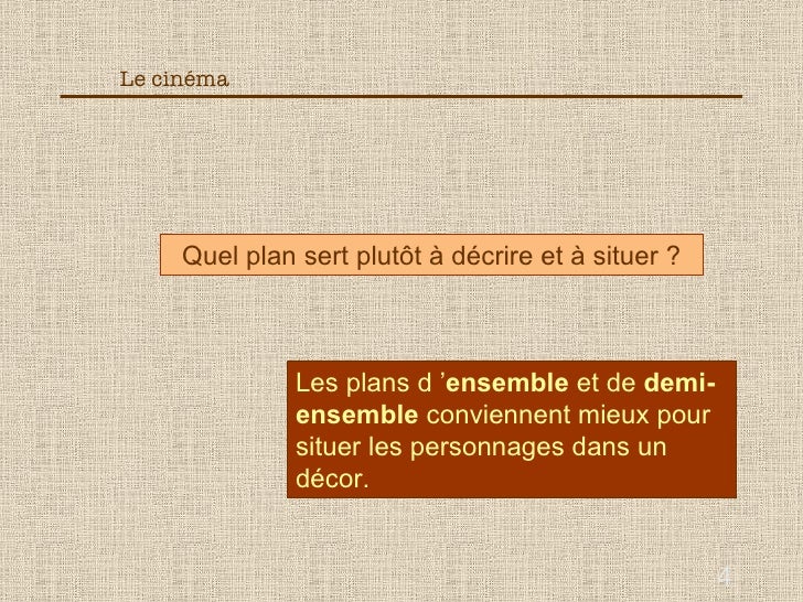 Le cinéma     Quel plan sert plutôt à décrire et à situer ?               Les plans d ’ensemble et de demi-               ...