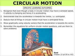 CIRCULAR MOTION
                           SPECIFIC LEARNING OUTCOMES
1. Recognize that even though a body in circular motion may have a constant speed,
   it velocity is changing and hence it is accelerating.

2. Demonstrate that the acceleration is towards the centre, i.e. centripetal.
3. Deduce that all things in circular motion must have a centripetal force.
4. Show graphically using velocity vectors that the acceleration is towards the centre.
5. Remember the equations for uniform circular motion questions, and use them to
   solve problems:




                                                               Read
                                                               Chapter 12 (p139 to 145)
 