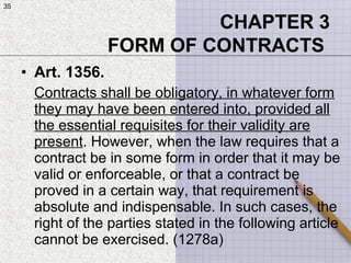 35
• Art. 1356.
Contracts shall be obligatory, in whatever form
they may have been entered into, provided all
the essential requisites for their validity are
present. However, when the law requires that a
contract be in some form in order that it may be
valid or enforceable, or that a contract be
proved in a certain way, that requirement is
absolute and indispensable. In such cases, the
right of the parties stated in the following article
cannot be exercised. (1278a)
CHAPTER 3
FORM OF CONTRACTS
35
 