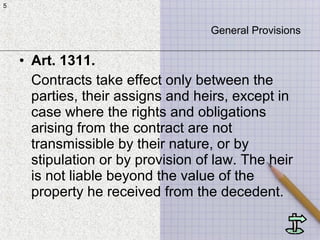 5
• Art. 1311.
Contracts take effect only between the
parties, their assigns and heirs, except in
case where the rights and obligations
arising from the contract are not
transmissible by their nature, or by
stipulation or by provision of law. The heir
is not liable beyond the value of the
property he received from the decedent.
5
General Provisions
 