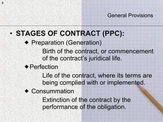 9
• STAGES OF CONTRACT (PPC):
 Preparation (Generation)
Birth of the contract, or commencement
of the contract’s juridical life.
Perfection
Life of the contract, where its terms are
being complied with or implemented.
 Consummation
Extinction of the contract by the
performance of the obligation.
9
General Provisions
 