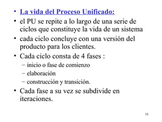 La vida del Proceso Unificado: el PU se repite a lo largo de una serie de ciclos que constituye la vida de un sistema  cada ciclo concluye con una versión del producto para los clientes. Cada ciclo consta de 4 fases : inicio o fase de comienzo elaboración  construcción y transición. Cada fase a su vez se subdivide en iteraciones. 