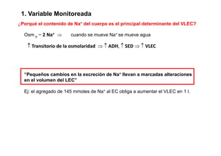 1. Variable Monitoreada 
¿Porqué el contenido de Na Na+ del cuerpo es el principal determinante del VLEC? 
Osm p ~ 2 Na+ ⇒ cuando se mueve Na+ se mueve agua 
↑ Transitorio de la osmolaridad ⇒ ↑ ADH, ↑ SED ⇒ ↑ VLEC 
“Pequeños cambios en la excreción de Na+ llevan a marcadas alteraciones 
en el volumen del LEC” 
Ej: el agregado de 145 mmoles de Na+ al EC obliga a aumentar el VLEC en 1 l. 
 