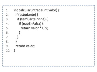 1.
2.
3.
4.
5.
6.
7.
8.
9.
10.

int calcularEntrada(int valor) {
if (estudante) {
if (temCarteirinha) {
if (naoEhFalsa) {
return valor * 0.5;
}
}
}
return valor;
}

 