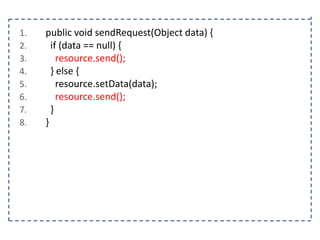 1.
2.
3.
4.
5.
6.
7.
8.

public void sendRequest(Object data) {
if (data == null) {
resource.send();
} else {
resource.setData(data);
resource.send();
}
}

 