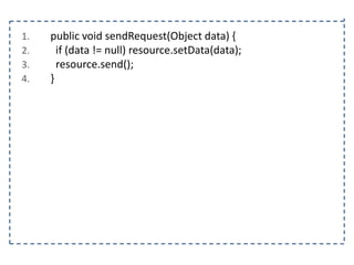 1.
2.
3.
4.

public void sendRequest(Object data) {
if (data != null) resource.setData(data);
resource.send();
}

 