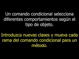 Un comando condicional selecciona
diferentes comportamientos según el
tipo de objeto.

Introduzca nuevas clases y mueva cada
rama del comando condicional para un
método.

 