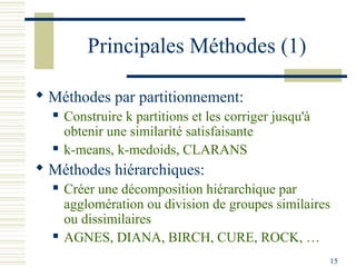 Principales Méthodes (1)

 Méthodes par partitionnement:
     Construire k partitions et les corriger jusqu'à
      obtenir une similarité satisfaisante
     k-means, k-medoids, CLARANS
 Méthodes hiérarchiques:
     Créer une décomposition hiérarchique par
      agglomération ou division de groupes similaires
      ou dissimilaires
     AGNES, DIANA, BIRCH, CURE, ROCK, …
                                                        15
 