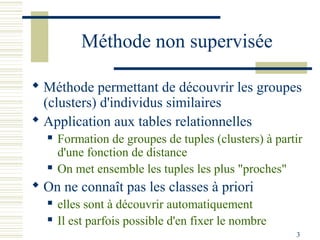 Méthode non supervisée

 Méthode permettant de découvrir les groupes
  (clusters) d'individus similaires
 Application aux tables relationnelles
     Formation de groupes de tuples (clusters) à partir
      d'une fonction de distance
     On met ensemble les tuples les plus "proches"
 On ne connaît pas les classes à priori
     elles sont à découvrir automatiquement
     Il est parfois possible d'en fixer le nombre
                                                      3
 