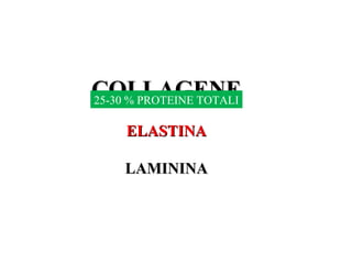 COLLAGENECOLLAGENE
ELASTINAELASTINA
LAMININALAMININA
25-30 % PROTEINE TOTALI
 