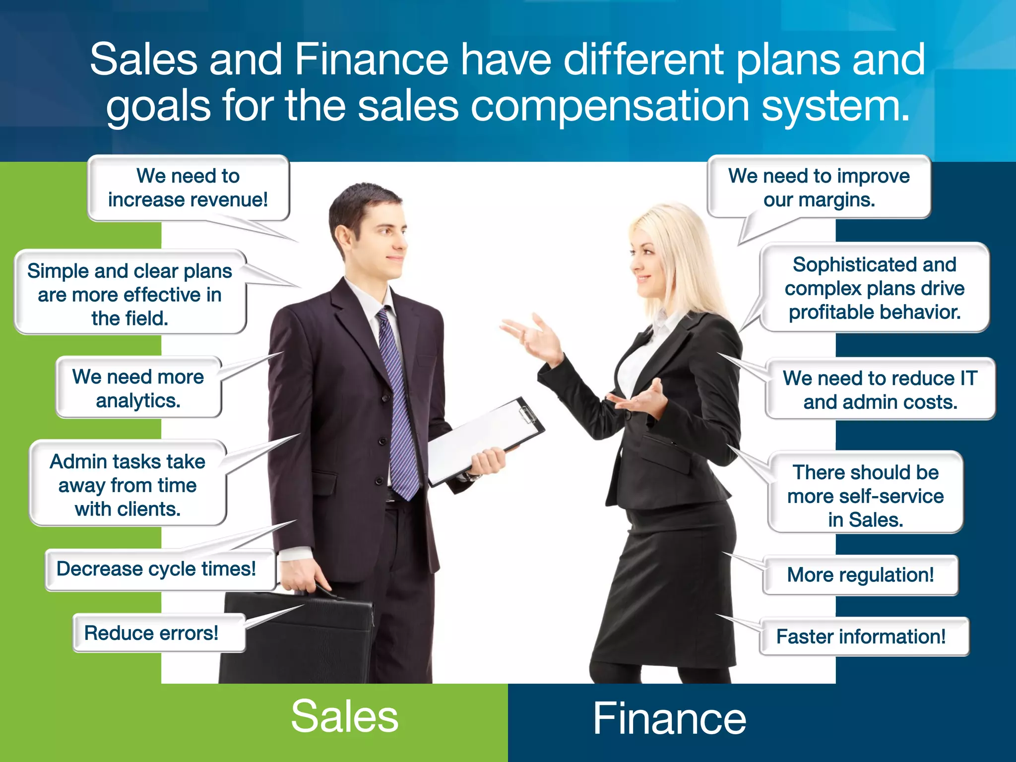 Sales and Finance have different plans and
goals for the sales compensation system.
Sales Finance
We need to
increase revenue!
Simple and clear plans
are more effective in
the field.
Admin tasks take
away from time
with clients.
We need more
analytics.
Decrease cycle times!
Reduce errors!
We need to improve
our margins.
Sophisticated and
complex plans drive
profitable behavior.
We need to reduce IT
and admin costs.
There should be
more self-service
in Sales.
More regulation!
Faster information!
 