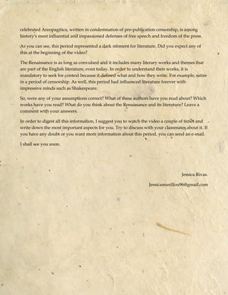 celebrated Areopagitica, written in condemnation of pre-publication censorship, is among
history's most influential and im...