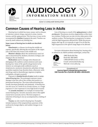 Common Causes of Hearing Loss in Adults
Hearing loss in adults has many causes, such as disease
or infection, ototoxic drugs, exposure to noise, tumors,
trauma, and the aging process. This loss may or may not be
accompanied by tinnitus (ringing in the ears). Tinnitus can
occur by itself without any hearing loss.
Some causes of hearing loss in adults are described
below:
Otosclerosis is a disease involving the middle ear
capsule, specifically affecting the movement of the stapes
(one of the three tiny bones in the middle ear).
Meniereʹs disease affects the membranous inner ear
and is characterized by deafness, dizziness (vertigo), and
ringing in the ear (tinnitus).
Medications used to manage some diseases are
damaging to the auditory system (ototoxic) and cause
hearing loss. Some of the specific drugs known to be
ototoxic are aminoglycoside antibiotics (such as
streptomycin, neomycin, kanamycin); salicylates in large
quantities (aspirin); loop diuretics (lasix, ethacrynic acid);
and drugs used in chemotherapy regimens (cisplatin,
carboplatin, nitrogen mustard).
Exposure to harmful levels of noise results in noise-
induced hearing loss. The prolonged exposure causes
damage to the hair cells in the cochlea and results in a
permanent hearing loss. The noise-induced hearing loss
usually develops gradually and painlessly. A hearing loss
can also occur as a result of an acoustic trauma, or a single
exposure or a few exposures to very high levels of sound.
An acoustic neuroma is an example of a tumor that
causes hearing loss. Acoustic neuromas arise in the eighth
cranial nerve (acoustic nerve). The first symptom is
reduction of hearing in one ear accompanied by a feeling of
fullness.
Trauma can also result in hearing loss. Examples
include fractures of the temporal bone, puncture of the
eardrum by foreign objects, and sudden changes in air
pressure.
Loss of hearing as a result of the aging process is called
presbycusis. The process involves degeneration of the inner
ear (cochlea). Presbycusis can also involve other parts of the
auditory system. The hearing loss is progressive in nature
with the high frequencies affected first. While the process
begins after age 20, it is typically at ages 55 to 65 that the
high frequencies in the speech range begin to be affected.
..........................................................................................................
For more information about hearing loss, hearing aids,
or referral to an ASHA-certified audiologist, contact the:
10801 Rockville Pike
Rockville, MD 20852
1-800-638-8255 (Voice or TTY)
E-mail: actioncenter@asha.org
Web site: www.asha.org
..........................................................................................................
Compliments of
American Speech-Language-Hearing-Association
10801 Rockville Pike ● Rockville, MD 20852 ● 800-638-8255
Permission is granted for unlimited photocopying of Audiology Information Series © American Speech-Language-Hearing Association, 2005
 