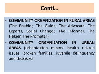Conti…
• COMMUNITY ORGANIZATION IN RURAL AREAS
(The Enabler, The Guide, The Advocate, The
Experts, Social Changer, The Informer, The
Helper, The Promoter)
• COMMUNITY ORGANISATION IN URBAN
AREAS (urbanization means- health related
issues, broken families, juvenile delinquency
and diseases)
 