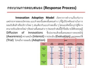 กระบวนการตอบสนอง (Response Process)
         Innovation Adoption Model เกิดจากการทางานเกี่ยวกับการ
แพร่ กระจายของนวัตกรรม แบบจาลองนี แสดงขัน ตอนต่าง ๆ ที่ ผ้ ูบริ โ ภคต้ อ งผ่านในการ
                                          ้     ้
ยอมรับสินค้ าหรื อบริ การใหม่ ๆ เช่นเดียวกับแบบจาลองอื่น ๆ โดยแนวคิดนีระบุว่าผู้ที่อาจ
                                                                         ้
สามารถรับนวัตกรรใหม่ ๆ ต้ องผ่านขันตอนต่าง ๆ ก่อนจะทาเช่นนี ้ได้ ซึงอธิบายได้ ด้วยทฤษฎี
                                    ้                              ่
Diffusion of Innovations ซึ่งประกอบด้ วยขันตอนของการตระหนักรู้ ้
(Awareness) ความสนใจ (Interest) การประเมิน (Evaluation) และทดลองใช้
(Trial) ไปจนถึงการยอมรับ (Adaption)
 