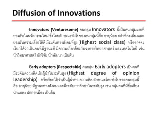 Diffusion of Innovations
          Innovators (Venturesome) คนกลุ่ม Innovators นี ้เป็ นคนกลุ่มแรกที่
ยอมรับในนวัตกรรมใหม่ ซึ่งโดยลักษณะทัวไปของคนกลุ่มนี ้คือ อายุน้อย กล้ าที่จะเสี่ยงและ
                                           ่
ยอมรับความเสี่ยงได้ ดี มีระดับทางสังคมที่สง (Highest social class) หรื ออาจจะ
                                             ู
เรี ยกได้ ว่าเป็ นคนทีมีฐานะดี มีความเกี่ ยวข้ องกับวงการวิทยาศาสตร์ และเทคโนโลยี เช่น
นักวิทยาศาสตร์ นักวิจย นักพัฒนา เป็ นต้ น
                        ั

          Early adopters (Respectable) คนกลุม Early adopters เป็ นคนที่
                                           ่
มีระดับความคิดเชิงผู้นาในระดับสูง (Highest degree of opinion
leadership) หรื อเรี ยกได้ ว่าเป็ นผู้นาทางความคิด ลักษณะโดยทัวไปของคนกลุ่มนี ้
                                                              ่
คือ อายุน้อย มีฐานะทางสังคมและมีระดับการศึกษาในระดับสูง เช่น กลุ่มคนที่มีชื่อเสี่ยง
นักแสดง นักการเมือง เป็ นต้ น
 