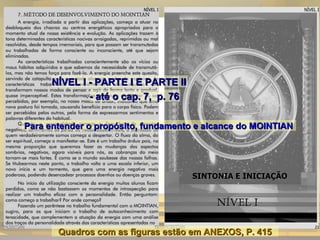 - até o cap. 7, p. 76- até o cap. 7, p. 76
NÍVEL I - PARTE I E PARTE IINÍVEL I - PARTE I E PARTE II
Para entender o propósito, fundamento e alcance do MOINTIANPara entender o propósito, fundamento e alcance do MOINTIAN
Quadros com as figuras estão em ANEXOS, P. 415Quadros com as figuras estão em ANEXOS, P. 415
 
