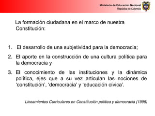 Ministerio de Educación Nacional
República de Colombia
La formación ciudadana en el marco de nuestra
Constitución:
1. El desarrollo de una subjetividad para la democracia;
2. El aporte en la construcción de una cultura política para
la democracia y
3. El conocimiento de las instituciones y la dinámica
política, ejes que a su vez articulan las nociones de
‘constitución’, ‘democracia’ y ‘educación cívica’.
 
Lineamientos Curriculares en Constitución política y democracia (1998)
 