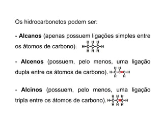 Os hidrocarbonetos podem ser:
- Alcanos (apenas possuem ligações simples entre
os átomos de carbono).
- Alcenos (possuem, pelo menos, uma ligação
dupla entre os átomos de carbono).
- Alcinos (possuem, pelo menos, uma ligação
tripla entre os átomos de carbono).
 