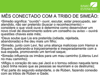 MÊS CONECTADO COM A TRIBO DE SIMEÃO:
•Simeão significa: “ouvido”- ouvir, escutar, estar preocupado, ser
atendido, não ser preterido (buscar o reconhecimento) –
considere o que você ouve e determine como desenvolver um
novo nível de discernimento sobre um conselho ou aviso – ouvirá
questões chaves este mês;
•Deus soube que Lia era preterida (odiada, rejeitada,
abandonada) e lhe deu mais um filho;
•Simeão, junto com Levi, fez uma aliança maliciosa com Hamor e
Siquem, quebrando-a traiçoeiramente e inesperadamente com a
sua espada, promovendo um terrível saque;
•Simeão influencia os irmãos para um mau caminho (Liderou Levi
no mau caminho);
•Afligiu o coração do seu pai Jacó e o tornou odioso naquela terra
(Jacó tinha receio que as pessoas se reuniriam e os destruiria);
•Faz parte do segundo estandarte, o de Rúben, fazendo conexão
com as tribos de Rúben e Gade;
 