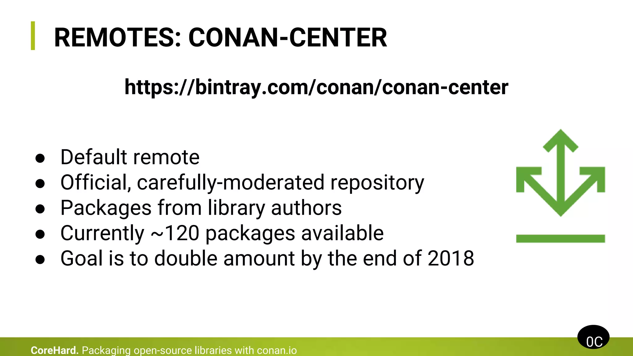 REMOTES: CONAN-CENTER
0C
CoreHard. Packaging open-source libraries with conan.io
● Default remote
● Official, carefully-moderated repository
● Packages from library authors
● Currently ~120 packages available
● Goal is to double amount by the end of 2018
https://bintray.com/conan/conan-center
 