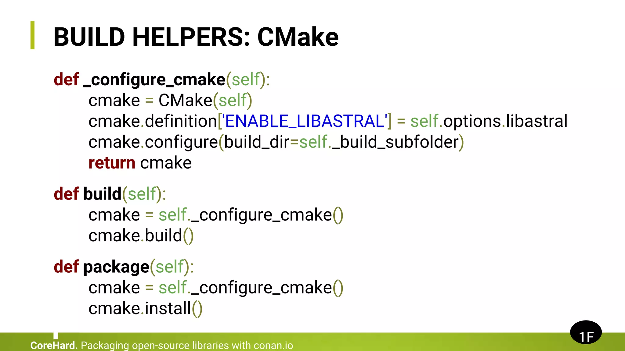 BUILD HELPERS: CMake
def _configure_cmake(self):
cmake = CMake(self)
cmake.definition['ENABLE_LIBASTRAL'] = self.options.libastral
cmake.configure(build_dir=self._build_subfolder)
return cmake
def build(self):
cmake = self._configure_cmake()
cmake.build()
def package(self):
cmake = self._configure_cmake()
cmake.install()
1F
CoreHard. Packaging open-source libraries with conan.io
 