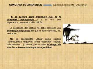 CONCEPTO DE APRENDIZAJE                   Condicionamiento Operante




- Si se castiga debe mostrarse cual es la
conducta incompatible y, a su vez, que
esperamos que realice el/la niño/a.

- La aplicación del castigo no debe conllevar una
alteración emocional del que la aplica (enfado, ira,
excitación,...)

- No es aconsejable utilizar como castigo
(consecuencia negativa) tareas escolares (copias,
más deberes,...) puesto que se corre el riesgo de
asociar la tarea como algo desagradable.
 