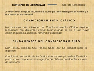 CONCEPTO DE APRENDIZAJE                            Tipos de Aprendizaje

¿ Cuando vemos el logo de McDonald's le ocurre que siente retorcijones de hambre y le
hace pensar en ese alimento?.

                   CONDICIONAMIENTO                     CLÁSICO

Los procesos que subyacen al Condicionamiento Clásico explican
fenómenos tan diferentes como: llorar cuando se ve a una novia
caminando hacia la iglesia, temer a la oscuridad.


        FUNDAMENTOS DEL CONDICIONAMIENTO

Iván Pavlov, fisiólogo ruso, Premio Nobel por sus trabajos sobre la
digestión.

Estudiaba la secreción de los ácidos estomacales y la salivación de los
perros como respuesta a la ingestión de distintas cantidades y clases
de alimentos
 