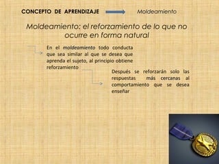 CONCEPTO DE APRENDIZAJE                      Moldeamiento

 Moldeamiento: el reforzamiento de lo que no
          ocurre en forma natural
       En el moldeamiento todo conducta
       que sea similar al que se desea que
       aprenda el sujeto, al principio obtiene
       reforzamiento
                                     Después se reforzarán solo las
                                     respuestas   más cercanas al
                                     comportamiento que se desea
                                     enseñar
 