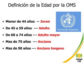 Definición de la Edad por la OMS Menor de 44 años  --   Joven De 45 a 59   años  ---  Adulto De 60 a 74   años ---  Adulto mayor Mas de 75 años  ---  Anciano Mas de 90   años ---  Anciano longevo 