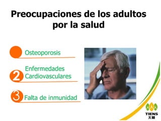 Preocupaciones de los adultos  por la salud   3 Falta de inmunidad  1 Osteoporosis 2 Enfermedades Cardiovasculares 