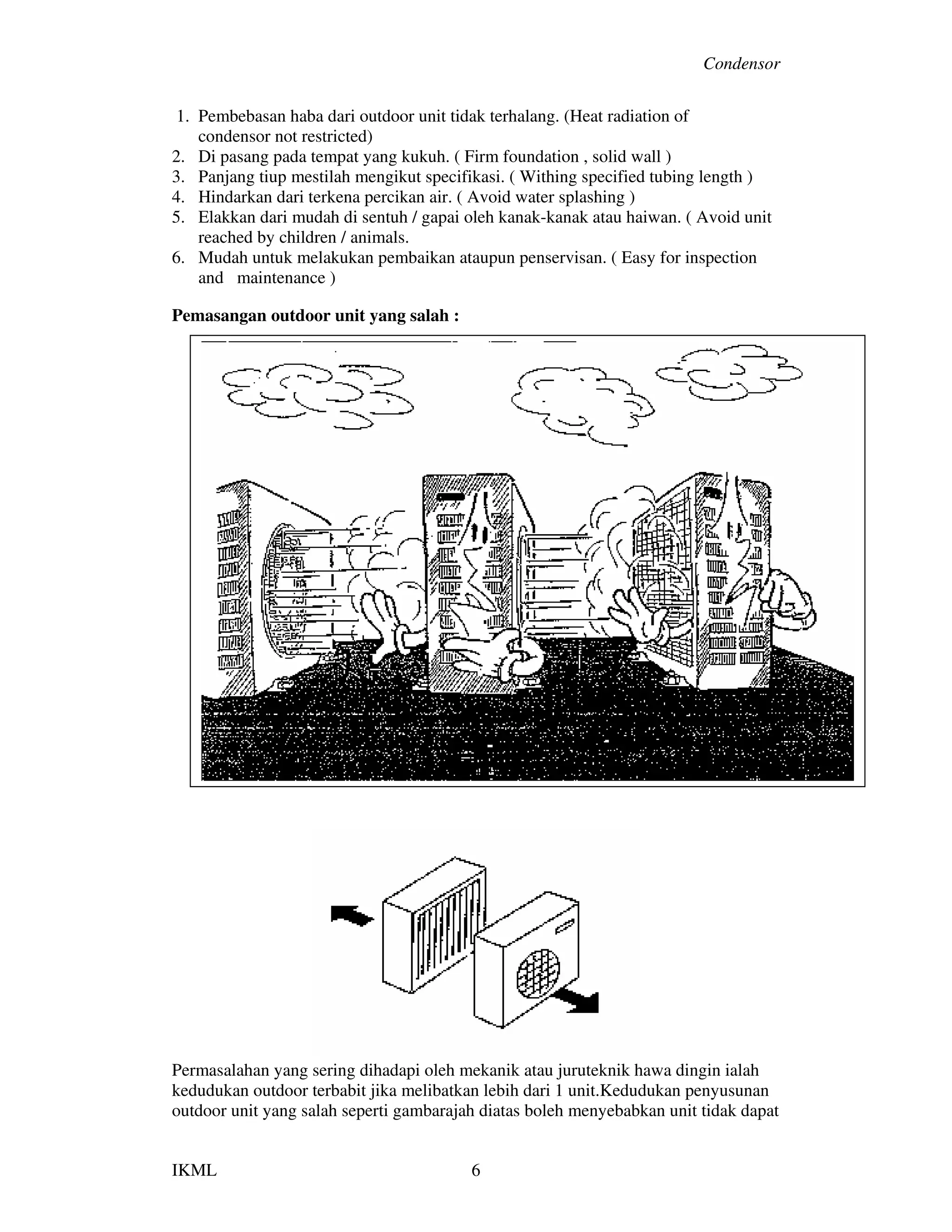 Condensor
IKML 6
1. Pembebasan haba dari outdoor unit tidak terhalang. (Heat radiation of
condensor not restricted)
2. Di pasang pada tempat yang kukuh. ( Firm foundation , solid wall )
3. Panjang tiup mestilah mengikut specifikasi. ( Withing specified tubing length )
4. Hindarkan dari terkena percikan air. ( Avoid water splashing )
5. Elakkan dari mudah di sentuh / gapai oleh kanak-kanak atau haiwan. ( Avoid unit
reached by children / animals.
6. Mudah untuk melakukan pembaikan ataupun penservisan. ( Easy for inspection
and maintenance )
Pemasangan outdoor unit yang salah :
Permasalahan yang sering dihadapi oleh mekanik atau juruteknik hawa dingin ialah
kedudukan outdoor terbabit jika melibatkan lebih dari 1 unit.Kedudukan penyusunan
outdoor unit yang salah seperti gambarajah diatas boleh menyebabkan unit tidak dapat
 