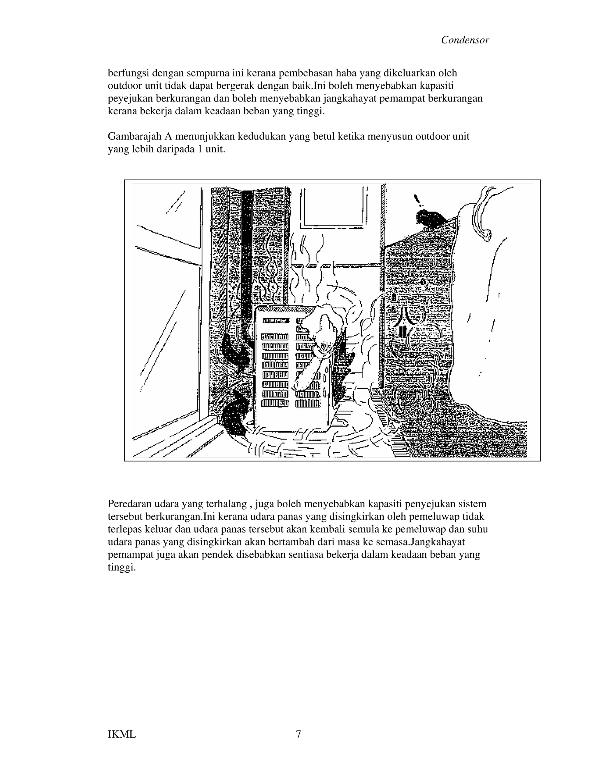 Condensor
IKML 7
berfungsi dengan sempurna ini kerana pembebasan haba yang dikeluarkan oleh
outdoor unit tidak dapat bergerak dengan baik.Ini boleh menyebabkan kapasiti
peyejukan berkurangan dan boleh menyebabkan jangkahayat pemampat berkurangan
kerana bekerja dalam keadaan beban yang tinggi.
Gambarajah A menunjukkan kedudukan yang betul ketika menyusun outdoor unit
yang lebih daripada 1 unit.
Peredaran udara yang terhalang , juga boleh menyebabkan kapasiti penyejukan sistem
tersebut berkurangan.Ini kerana udara panas yang disingkirkan oleh pemeluwap tidak
terlepas keluar dan udara panas tersebut akan kembali semula ke pemeluwap dan suhu
udara panas yang disingkirkan akan bertambah dari masa ke semasa.Jangkahayat
pemampat juga akan pendek disebabkan sentiasa bekerja dalam keadaan beban yang
tinggi.
 