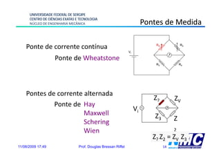 UNIVERSIDADE FEDERAL DE SERGIPE
      CENTRO DE CIÊNCIAS EXATAS E TECNOLOGIA
      NÚCLEO DE ENGENHARIA MECÂNICA                                       Pontes de Medida

                                                                              RX            RV
    Ponte de corrente contínua
                                                                Vi

                    Ponte de Wheatstone
                     o te      eatsto e
                                                                              R3            R2




    Pontes de corrente alternada
                                                                             Z?         ZV
             Ponte de Hay
                                                                     Vi
                       Maxwell                                                Z3
                       Schering                                                         Z
                       Wien                                                             2
                                                                             Z? Z2 = ZV Z3
11/08/2009 17:49                 Prof. Douglas Bressan Riffel                      14
 