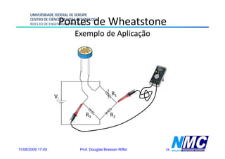 UNIVERSIDADE FEDERAL DE SERGIPE

                     Pontes de Wheatstone
      CENTRO DE CIÊNCIAS EXATAS E TECNOLOGIA
      NÚCLEO DE ENGENHARIA MECÂNICA

                              Exemplo de Aplicação




                                                   R1
                   Vi


                                    R3            R2




11/08/2009 17:49                 Prof. Douglas Bressan Riffel   16
 