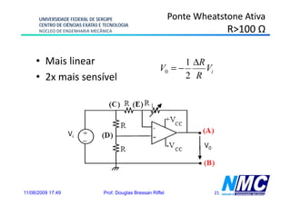UNIVERSIDADE FEDERAL DE SERGIPE                           Ponte Wheatstone Ativa
      CENTRO DE CIÊNCIAS EXATAS E TECNOLOGIA
      NÚCLEO DE ENGENHARIA MECÂNICA                                               R>100 Ω

     • Mais linear                                               1 ΔR
                                                          V0 = −      Vi
     • 2x mais sensível                                          2 R




                   Vi
                                                                        V0




11/08/2009 17:49                 Prof. Douglas Bressan Riffel                21
 