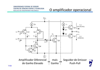UNIVERSIDADE FEDERAL DE SERGIPE
      CENTRO DE CIÊNCIAS EXATAS E TECNOLOGIA
      NÚCLEO DE ENGENHARIA MECÂNICA                O amplificador operacional
                                                       p           p




             Amplificador Diferencial
                lf d        f       l                 mais      Seguidor d Emissor
                                                                     d de
               de Ganho Elevado                      Ganho           Push-Pull
11/08/2009 17:49                 Prof. Douglas Bressan Riffel          25
 