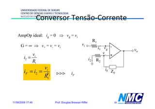 UNIVERSIDADE FEDERAL DE SERGIPE
      CENTRO DE CIÊNCIAS EXATAS E TECNOLOGIA

                   Conversor Tensão Corrente
                             Tensão-Corrente
      NÚCLEO DE ENGENHARIA MECÂNICA




    AmpOp ideal: ig = 0 ⇒ vg = vi
                                                                     R1
      G = ∞ ⇒ v+ = v- = vi                              vi
                                                                       i1 vg -        vo
              vi                                                          v- +
         i2 =                                                   i2
              R1                                                      R2
                  vi
         iF = i2 = vi             >>>          iF
                                                                          iF Z
                                                                              F
                  R1



11/08/2009 17:49                 Prof. Douglas Bressan Riffel                    30
 