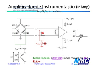 Amplificador de Instrumentação (InAmp)
        UNIVERSIDADE FEDERAL DE SERGIPE
        CENTRO DE CIÊNCIAS EXATAS E TECNOLOGIA
        NÚCLEO DE ENGENHARIA MECÂNICA
                                     AmpOp’s
                                     A O ’ particulares
                                              ti l

                                                                          +VCC (+5V)

                                                                               0,1 μF
     350 Ω            350 Ω
                                                                  +


                                          2,5                     –                     5V
     350 Ω           350 Ω
                                              0
                                                                                        0V

                                                                               0,1 μF
                                     vruído       0




          VCM = + 5 V/2
                     /                                            –VCC (–5V)


          5V/2
   5V
                                 Modo Comum (
                                    d       (nota i
                                                  imp: modo comum em DC)
                                                         d            C)
         5V/2
                                 Ruído
11/08/2009 17:49                   Prof. Douglas Bressan Riffel                     35
 