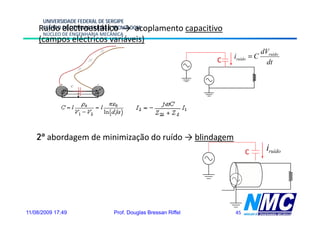 UNIVERSIDADE FEDERAL DE SERGIPE
     Ruído electroestático → acoplamento capacitivo
      CENTRO DE CIÊNCIAS EXATAS E TECNOLOGIA
      NÚCLEO DE ENGENHARIA MECÂNICA
     (campos eléctricos variáveis)
     (         lé i        iá i )
                                                                                 dVruído
                                                                    iruído = C
                                                                C                  dt


                   C




    2
    2ª abordagem de minimização do ruído → blindagem
                                                                         C         iruído




11/08/2009 17:49                 Prof. Douglas Bressan Riffel       45
 