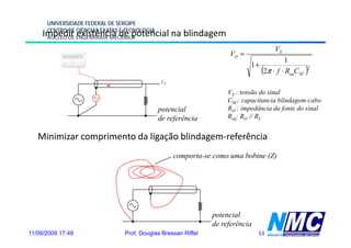 UNIVERSIDADE FEDERAL DE SERGIPE
      CENTRO DE CIÊNCIAS EXATAS E TECNOLOGIA
     Impedir existência de potencial na blindagem
      NÚCLEO DE ENGENHARIA MECÂNICA

                                                                                       VS
                                                                     VO =
                                                                                           1
                                                                             1+
                                                                                  (2π ⋅ f ⋅ ReqCSC )2
                                                VO

                                                                     VS : tensão do sinal
                                                                     CSC: capacitancia blindagem-cabo
                                               potencial             RO : impedância da fonte do sinal
                                               de referência         Req: RO // RL


   Minimizar comprimento da ligação blindagem-referência
                                                     comporta-se como uma bobine (Z)




                                                                potencial
                                                                de referência
11/08/2009 17:49                 Prof. Douglas Bressan Riffel                   53
 