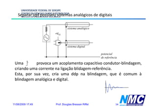 UNIVERSIDADE FEDERAL DE SERGIPE
      CENTRO DE CIÊNCIAS EXATAS E TECNOLOGIA
    Separar (qd possível) sistemas analógicos de digitais
      NÚCLEO DE ENGENHARIA MECÂNICA



                                          sistema analógico
                                 +VCC



                                          sistema digital

                                                                p
                                                                potencial
                                                                de referência

 Uma        provoca um acoplamento capacitivo condutor-blindagem,
 criando uma corrente na ligação blidagem referência
                                 blidagem-referência.
 Esta, por sua vez, cria uma ddp na blindagem, que é comum à
 blindagem analógica e digital.




11/08/2009 17:49                 Prof. Douglas Bressan Riffel               54
 