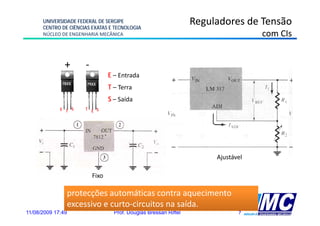 UNIVERSIDADE FEDERAL DE SERGIPE
      CENTRO DE CIÊNCIAS EXATAS E TECNOLOGIA
                                                                   Reguladores de Tensão
      NÚCLEO DE ENGENHARIA MECÂNICA                                                 com CIs


               +       -
                                  E – Entrada
              78XX     79XX
                                  T – Terra
                                  S – Saída
             E T S     T E S




                                                                        Ajustável

                           Fixo

                   protecções automáticas contra aquecimento
                          õ          ái                  i
                   excessivo e curto-circuitos na saída.
11/08/2009 17:49                    Prof. Douglas Bressan Riffel               7
 