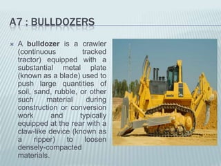 A7 : BULLDOZERS
   A bulldozer is a crawler
    (continuous          tracked
    tractor) equipped with a
    substantial metal plate
    (known as a blade) used to
    push large quantities of
    soil, sand, rubble, or other
    such      material     during
    construction or conversion
    work       and      typically
    equipped at the rear with a
    claw-like device (known as
    a     ripper)   to    loosen
    densely-compacted
    materials.
 