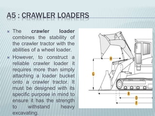 A5 : CRAWLER LOADERS
 The crawler loader
combines the stability of
the crawler tractor with the
abilities of a wheel loader.
 However, to construct a
reliable crawler loader it
requires more than simply
attaching a loader bucket
onto a crawler tractor. It
must be designed with its
specific purpose in mind to
ensure it has the strength
to withstand heavy
excavating.
 